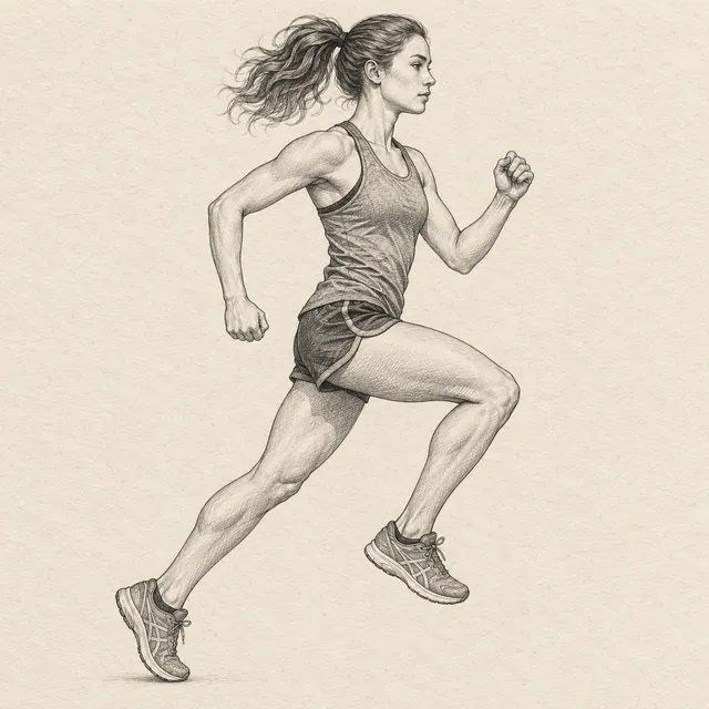 Runner drawn in black and gray fineliner on pale cream textured sketchbook paper, with a complete silhouette and open margins.
