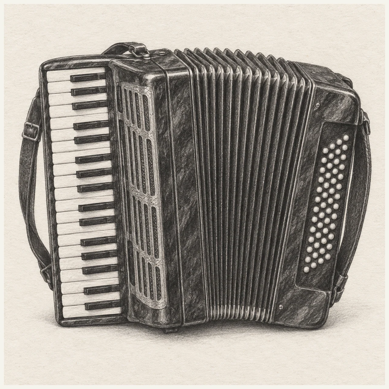 Detailed pencil drawing of a piano accordion with pleated bellows, bass buttons and shoulder straps on textured paper.