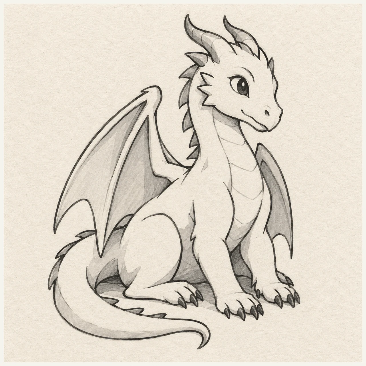 Dragon drawn in black and gray marker on pale cream textured sketchbook paper, with a complete silhouette and open margins.
