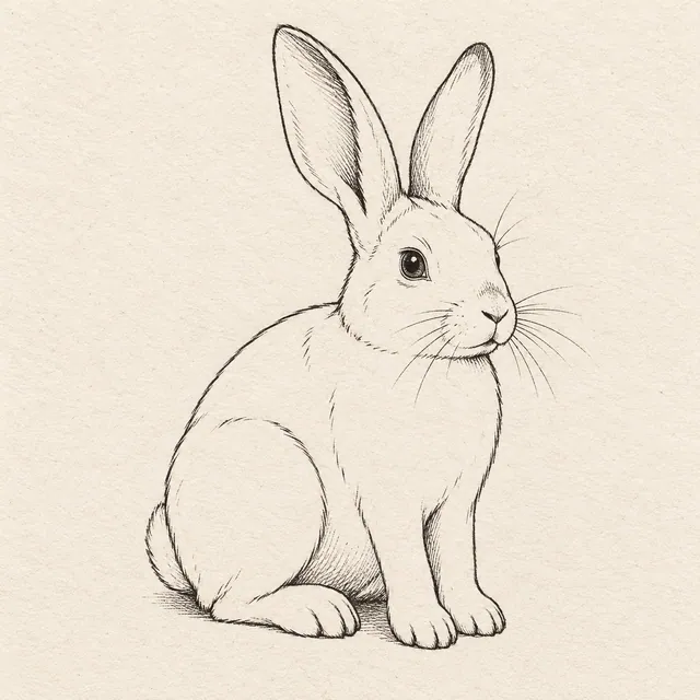 A seated rabbit in three-quarter view, long ears, rounded haunch, two front paws and visible near hind foot. Black and gray fineliner drawing on warm textured sketchbook paper.