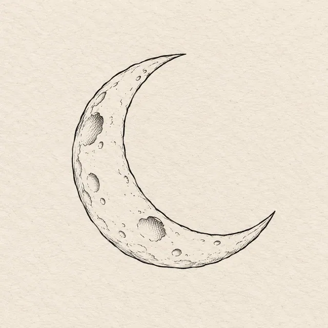 Moon drawn in black and gray fineliner on pale cream textured sketchbook paper, with a complete silhouette and open margins.