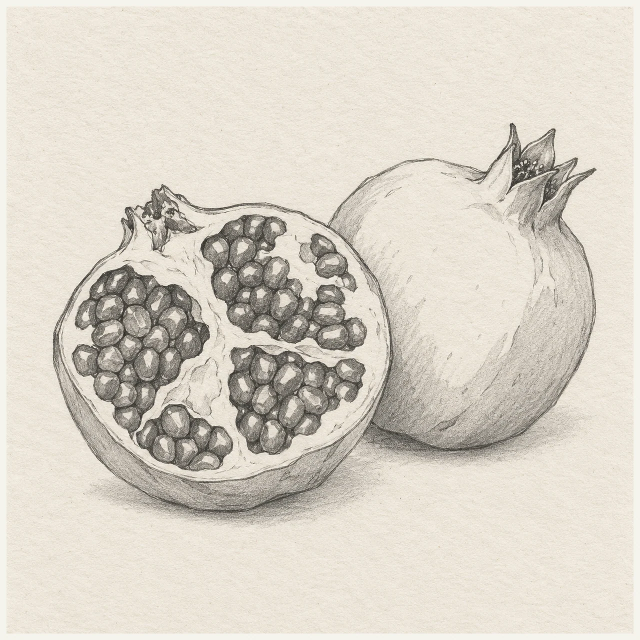 Graphite drawing of a cut pomegranate in front of a rounded fruit, with grouped seeds, pale membranes and a crown on textured sketchbook paper.