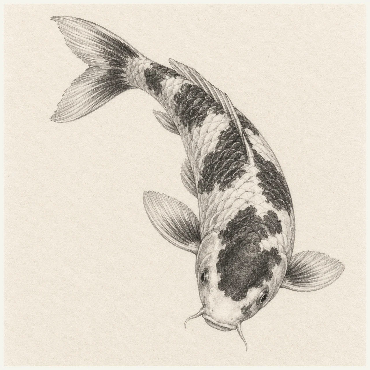 Detailed graphite drawing of a curving koi with a split tail, paired pectoral fins, barbels, scale rows and dark patches on textured paper.