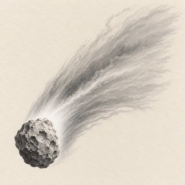 Comet drawn in black and gray marker on pale cream textured sketchbook paper, with a complete silhouette and open margins.
