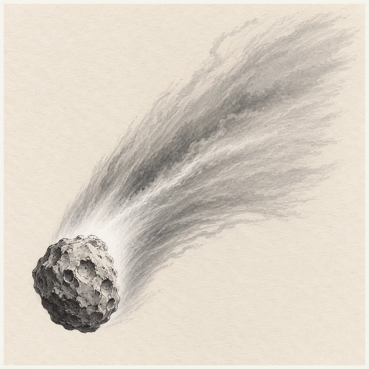 Comet drawn in black and gray marker on pale cream textured sketchbook paper, with a complete silhouette and open margins.