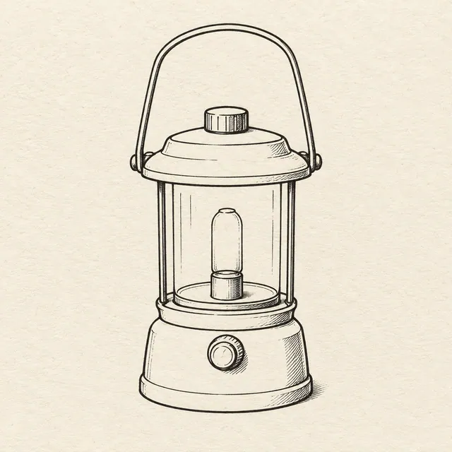 One compact camping lantern with an arched handle, cylindrical glass chamber, cap and stable base. Black and gray fineliner drawing on warm textured sketchbook paper.