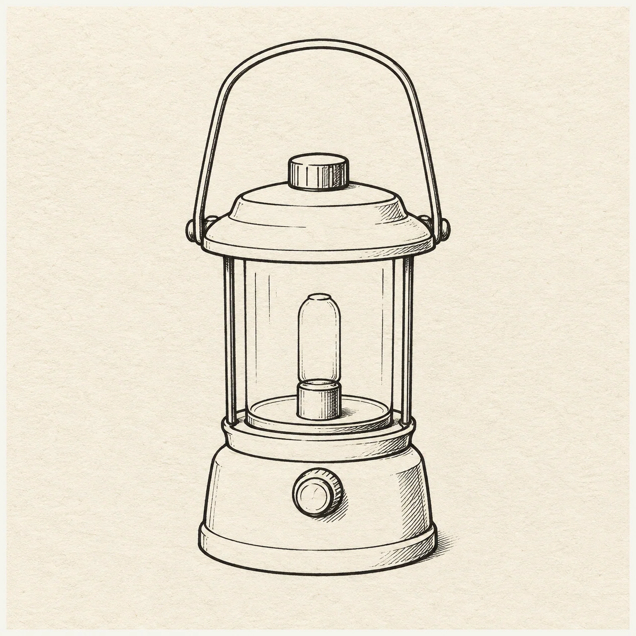 One compact camping lantern with an arched handle, cylindrical glass chamber, cap and stable base. Black and gray fineliner drawing on warm textured sketchbook paper.
