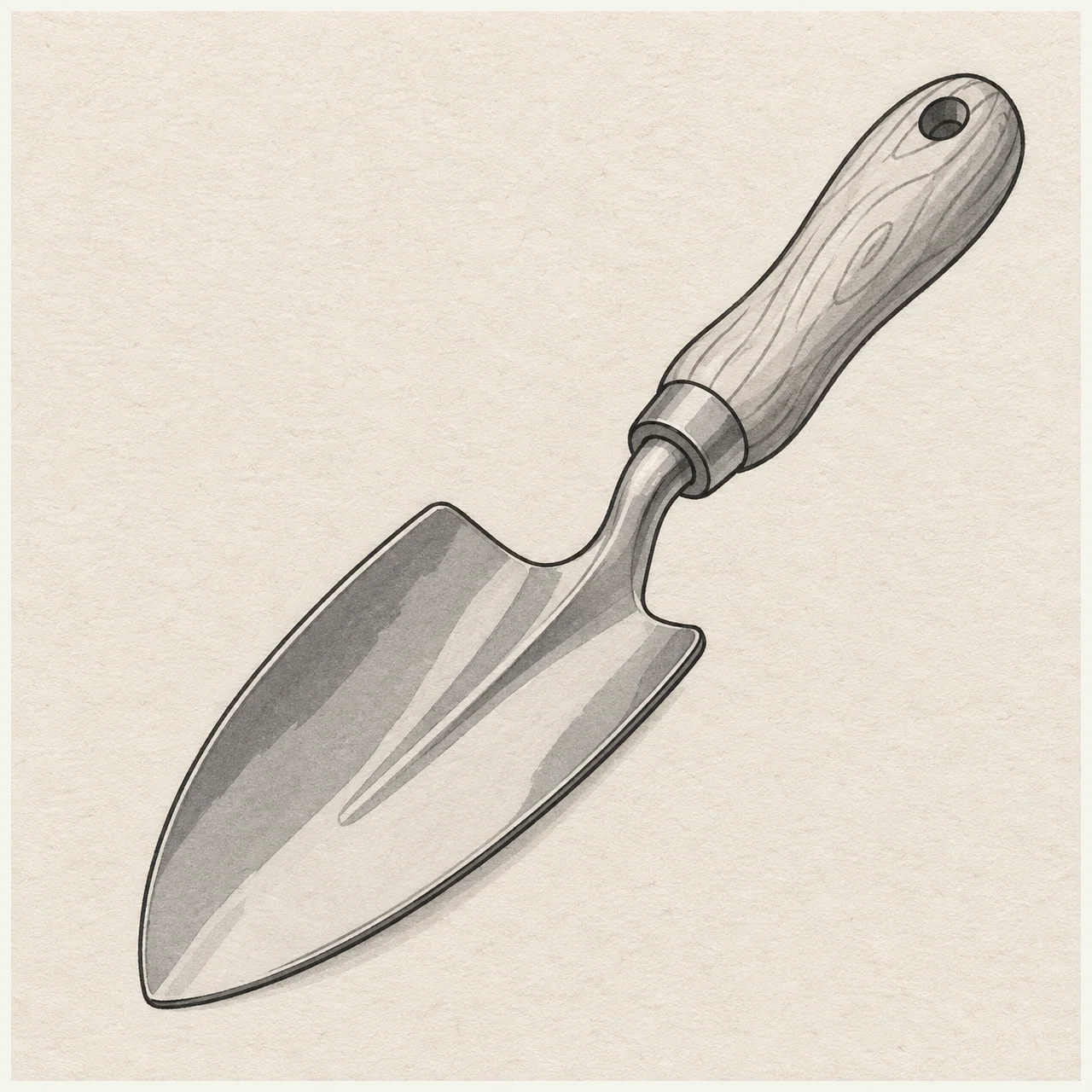 Black and gray marker drawing of a garden trowel with a concave metal blade and wood-grain handle on textured paper.