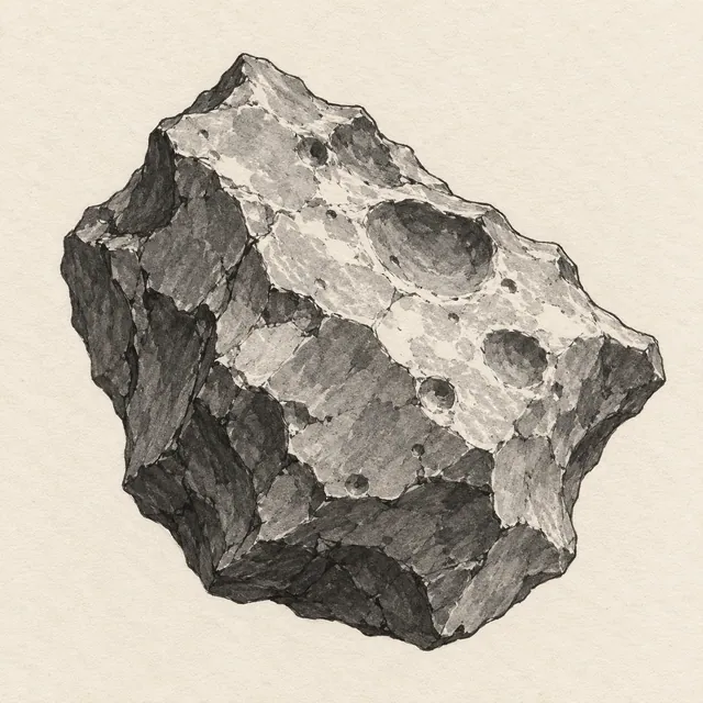 Meteorite drawn in black and gray marker on pale cream textured sketchbook paper, with a complete silhouette and open margins.