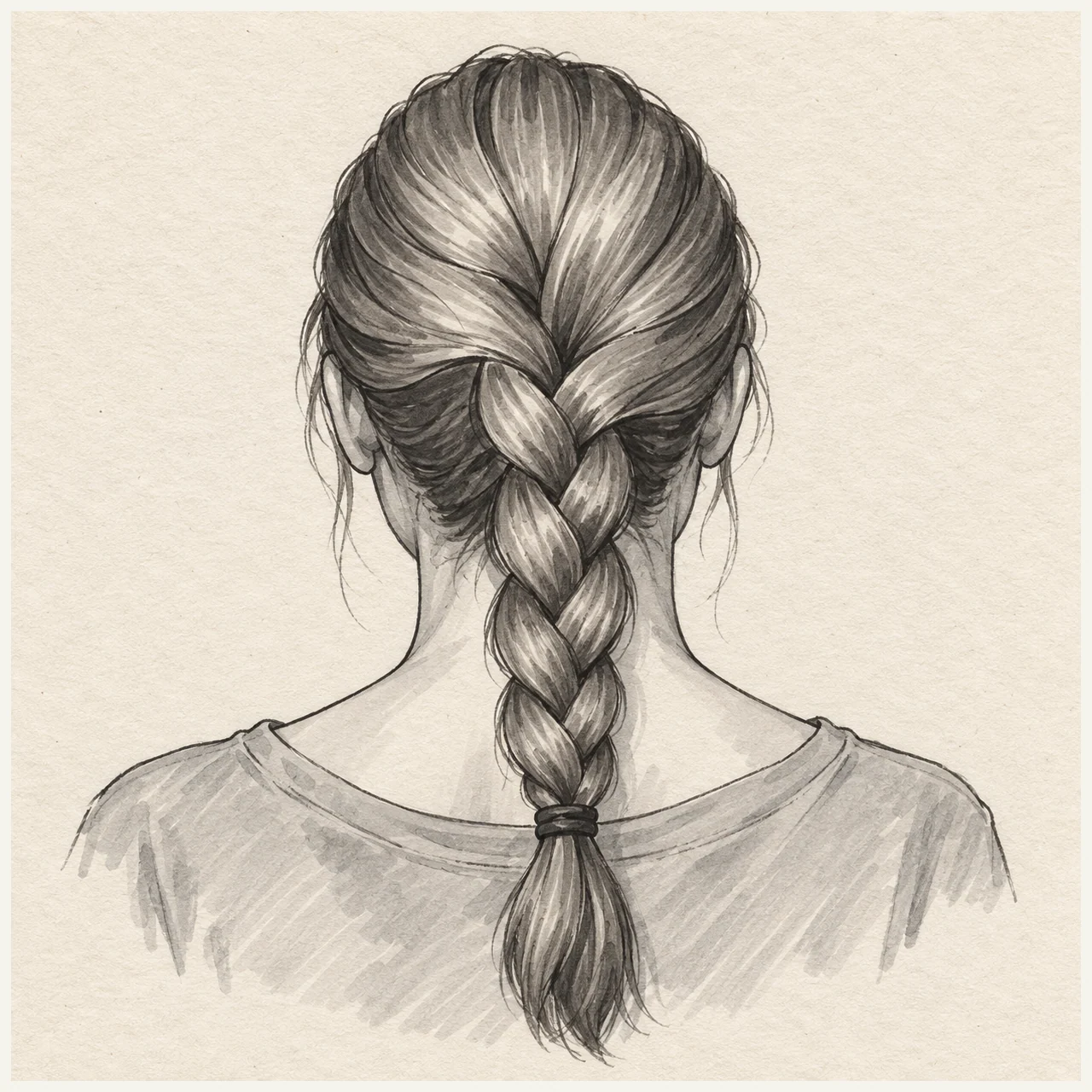 Braided hair drawn in black and gray marker on pale cream textured sketchbook paper, with a complete silhouette and open margins.