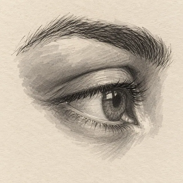 Human eye drawn in black and gray marker on pale cream textured sketchbook paper, with a complete silhouette and open margins.