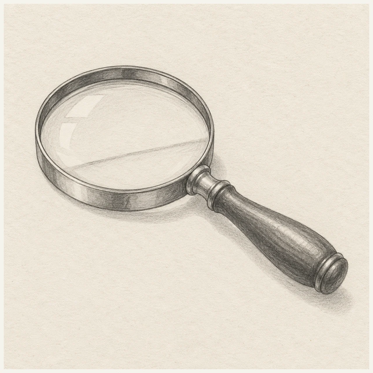 Pencil drawing of a magnifying glass with an oval metal rim, reflected light, and a wooden handle on textured paper.