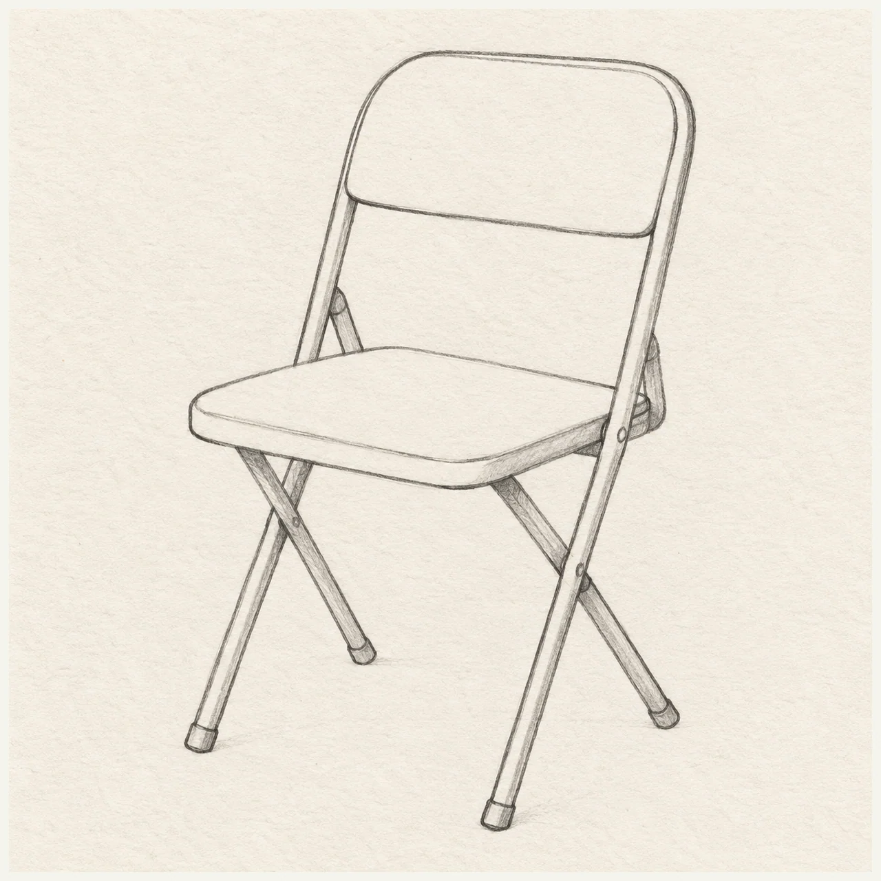 Graphite sketch of folding chair on textured off-white paper, with crossed legs and seat perspective.