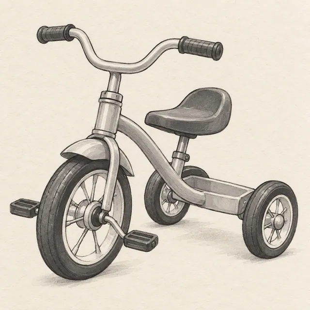 Tricycle drawn in black and gray marker on pale cream textured sketchbook paper, with a complete silhouette and open margins.