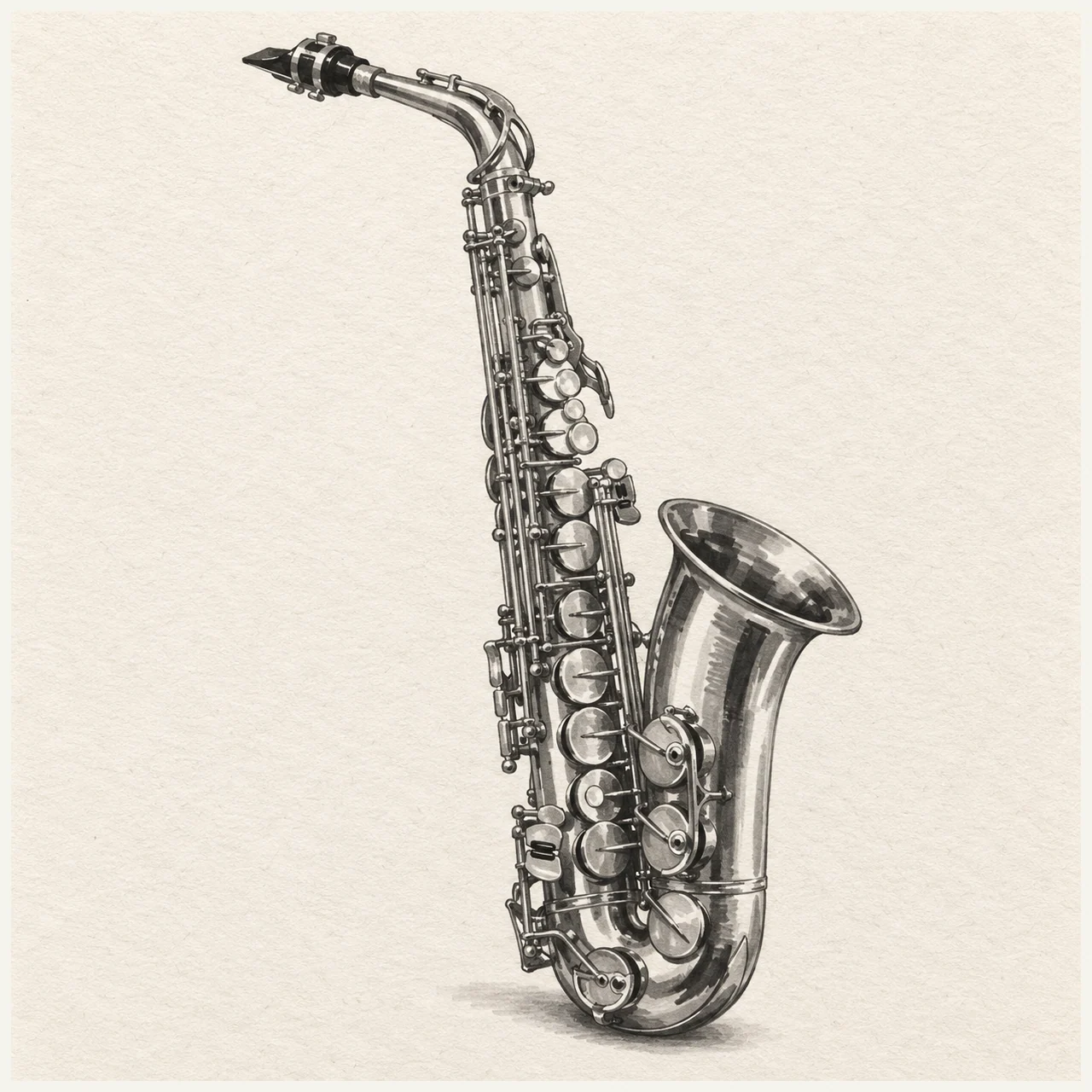 Detailed black and gray marker drawing of a saxophone with curved neck, mouthpiece, keywork, and an open bell on textured paper.