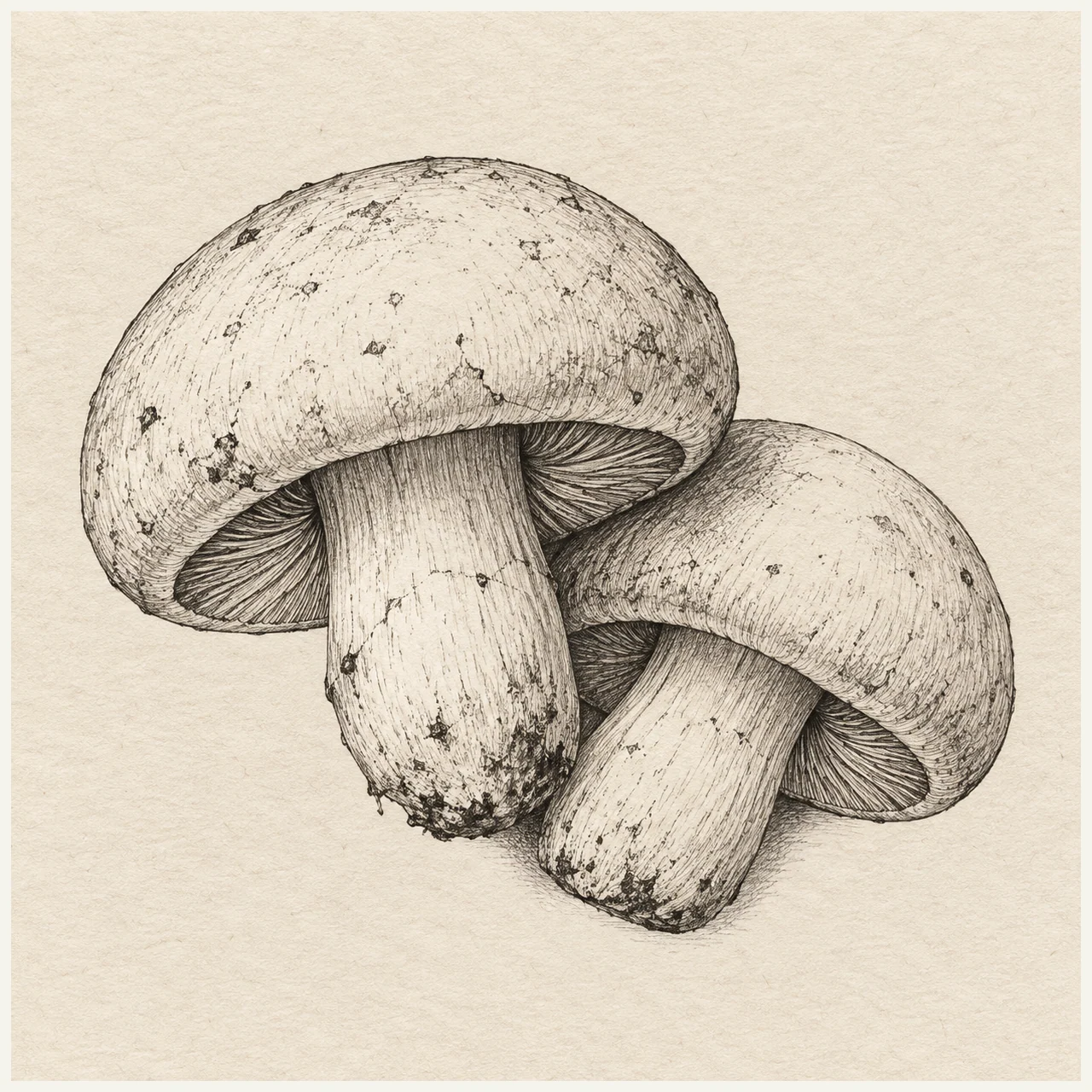 Two mushrooms with rounded caps and short stems, one overlapping the other; cap undersides visible only at the near rims. Black and gray fineliner drawing on warm textured sketchbook paper.