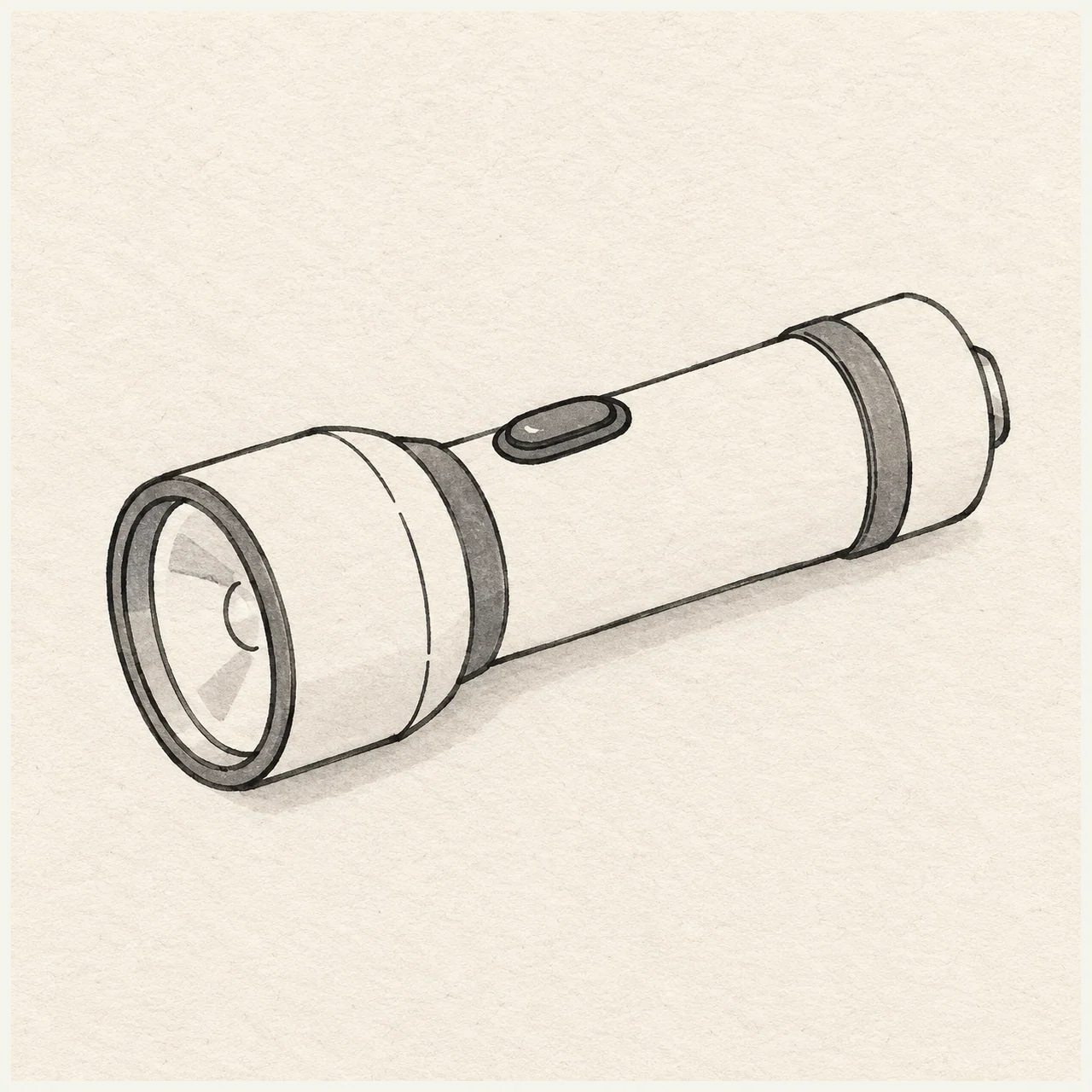 Black and gray marker drawing of a diagonal flashlight with a wide lens rim, oval switch and two grip bands on pale textured sketchbook paper.