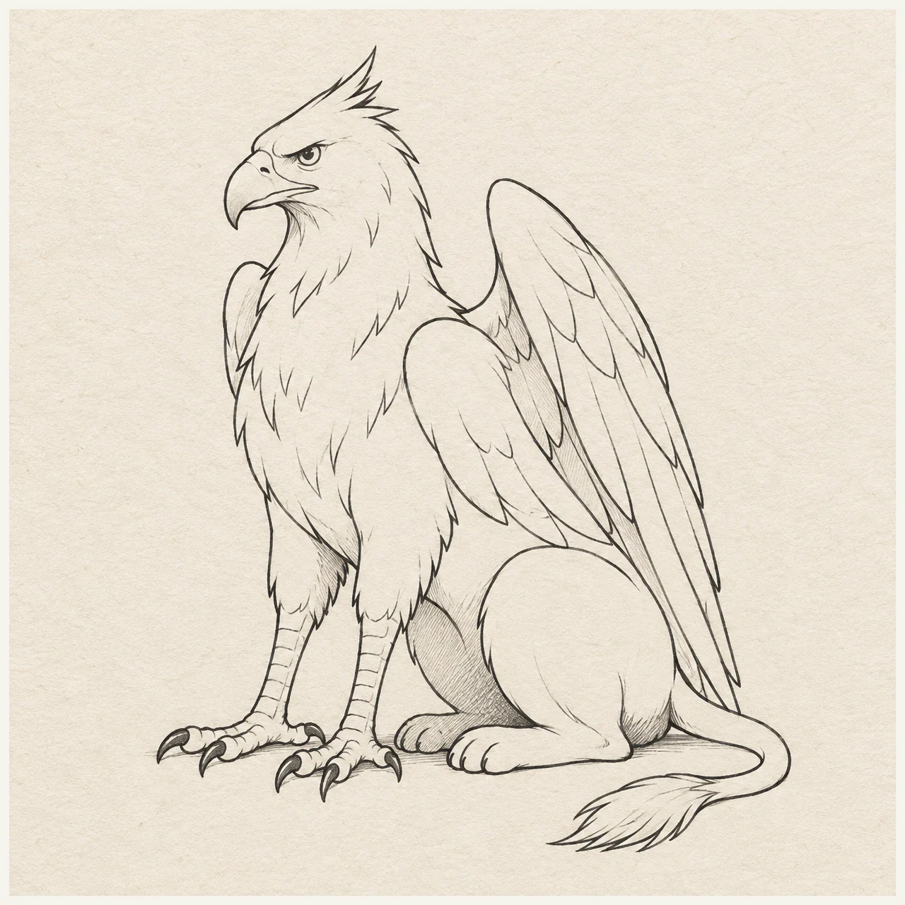 Griffin drawn in black and gray fineliner on pale cream textured sketchbook paper, with a complete silhouette and open margins.