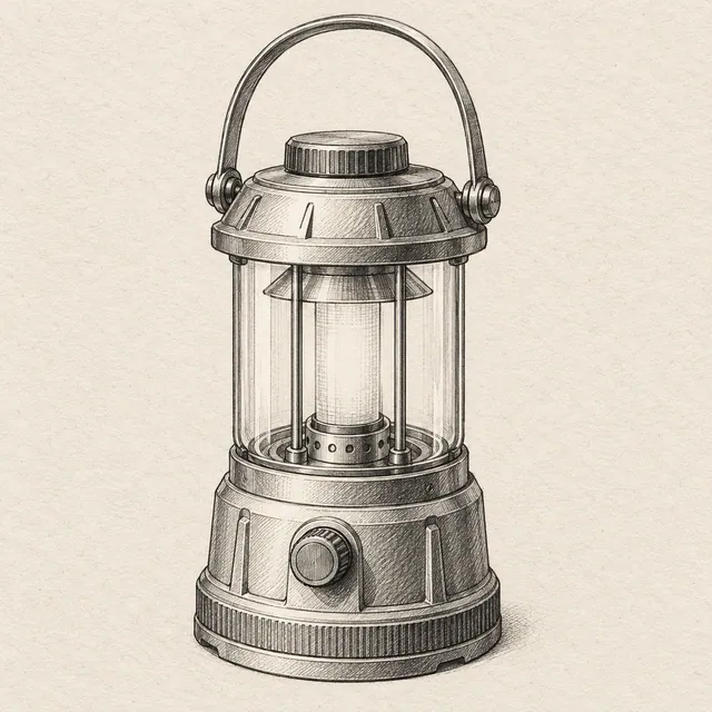 One compact camping lantern with an arched handle, cylindrical glass chamber, cap and stable base. Black and gray fineliner drawing on warm textured sketchbook paper.