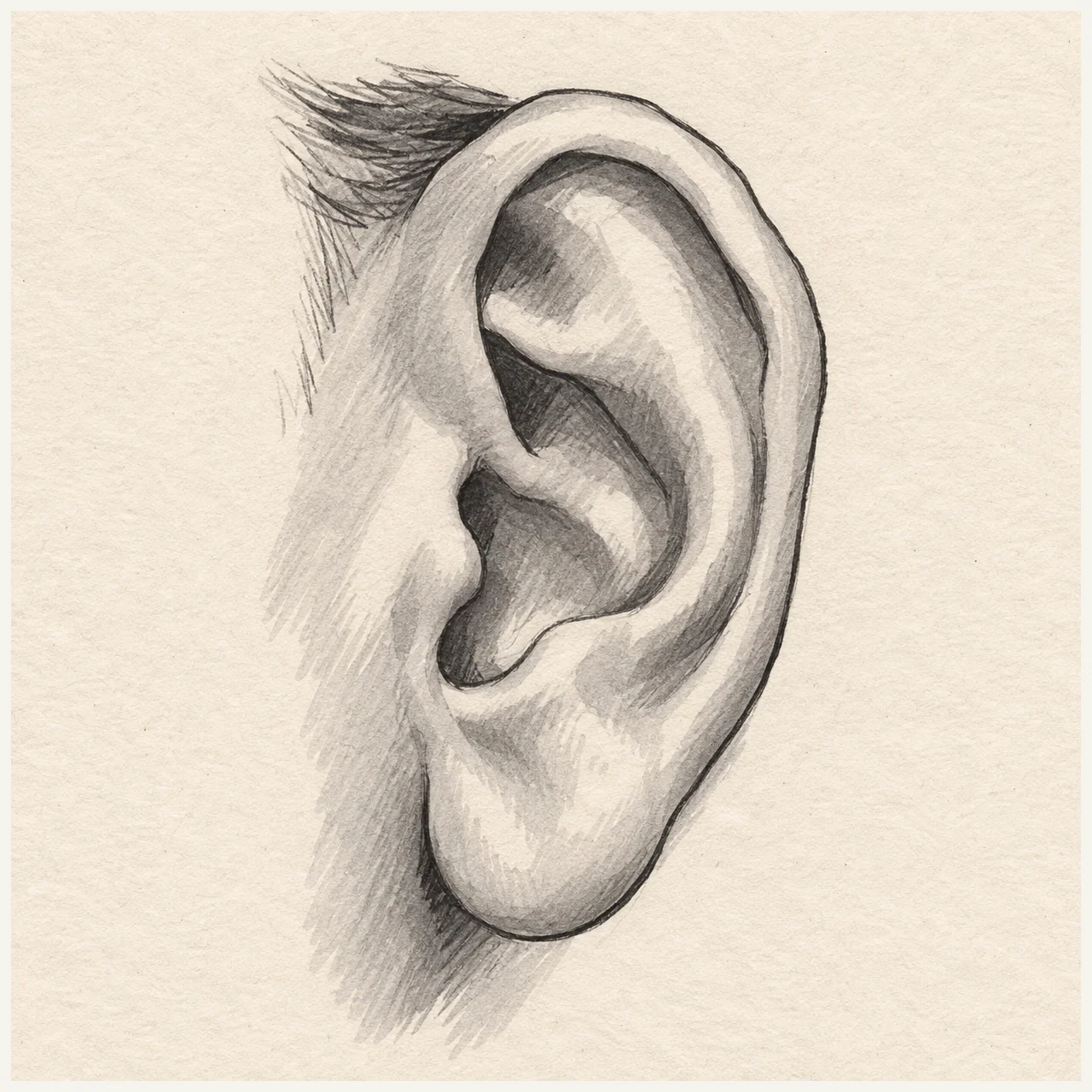 Human ear drawn in black and gray marker on pale cream textured sketchbook paper, with a complete silhouette and open margins.