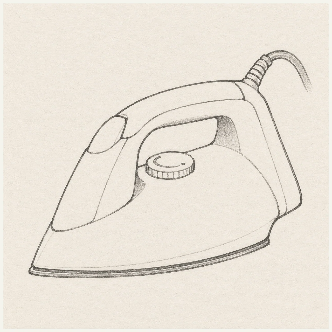 Graphite pencil drawing of a clothes iron with a rounded triangular sole, open handle and temperature knob on pale textured sketchbook paper.