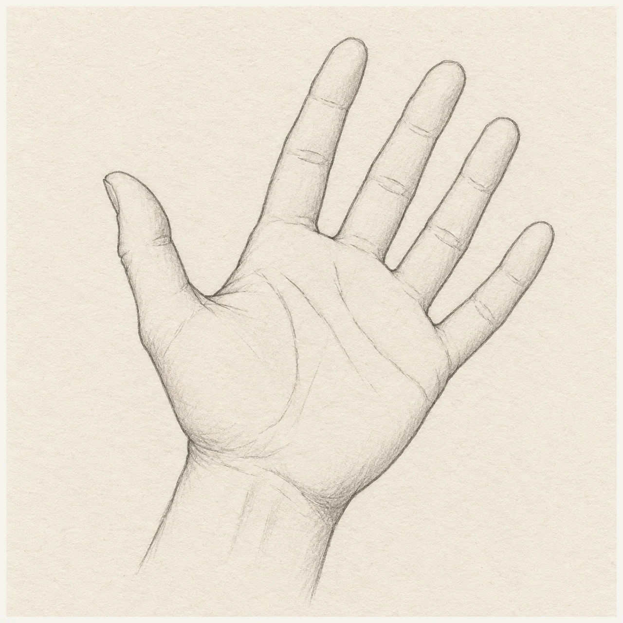 Open hand drawn in black and gray pencil on pale cream textured sketchbook paper, with a complete silhouette and open margins.