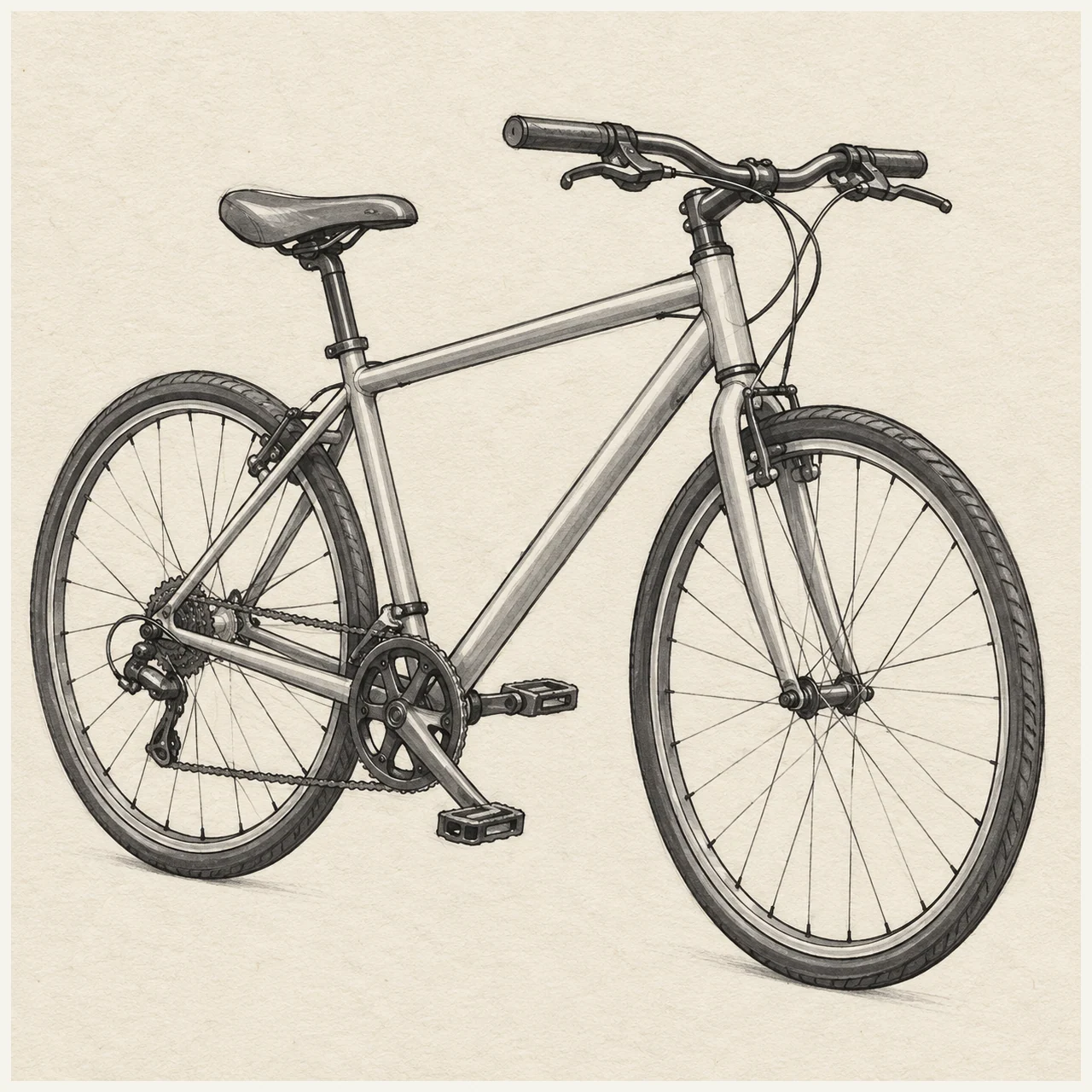 Bicycle drawn in black and gray marker on pale cream textured sketchbook paper, with a complete silhouette and open margins.