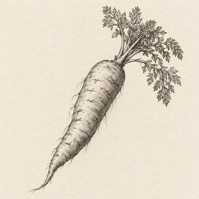 One carrot with a tapering root, slight bend and a small fan of leaves attached at the crown. Black and gray fineliner drawing on warm textured sketchbook paper.