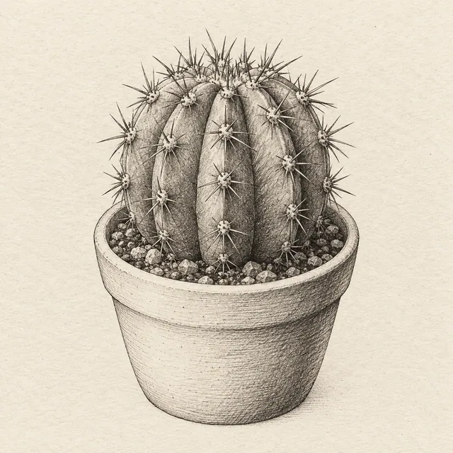 One small barrel cactus in a plain round pot, broad vertical ribs and grouped sparse spines. Black and gray fineliner drawing on warm textured sketchbook paper.