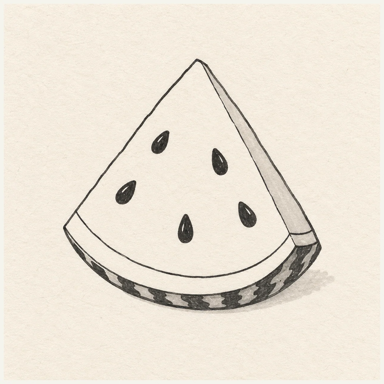 Black marker sketch of watermelon slice on textured off-white paper, with triangular wedge and curved rind.