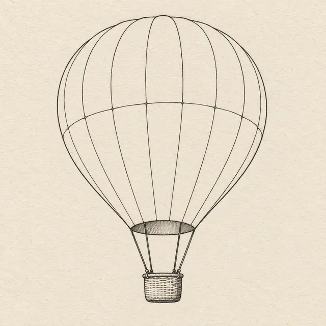 Hot air balloon drawn in black and gray fineliner on pale cream textured sketchbook paper, with a complete silhouette and open margins.