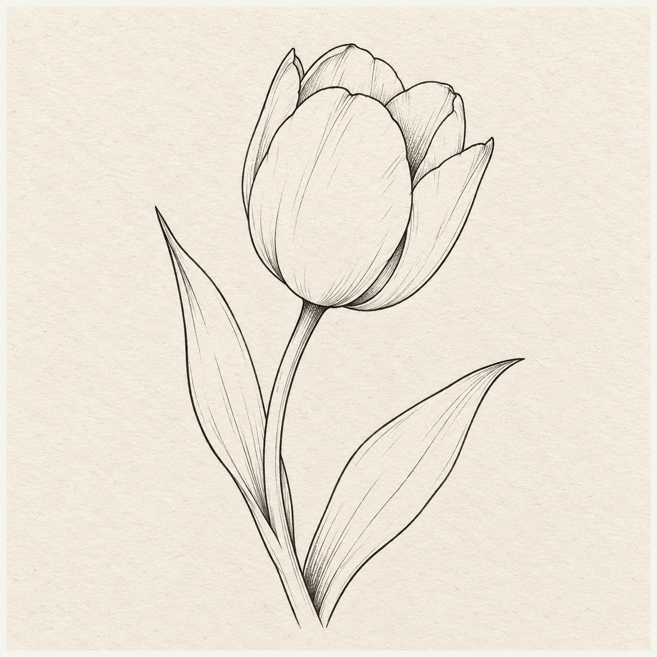 One tulip flower in three-quarter view on a curved stem with two long leaves and overlapping cup-shaped petals. Black and gray fineliner drawing on warm textured sketchbook paper.