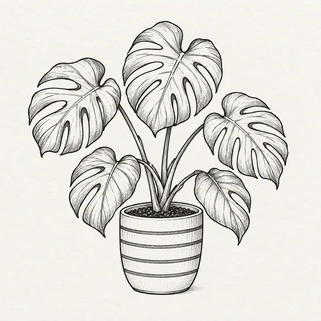 A black fineliner monstera plant with split leaves in a striped ceramic pot.
