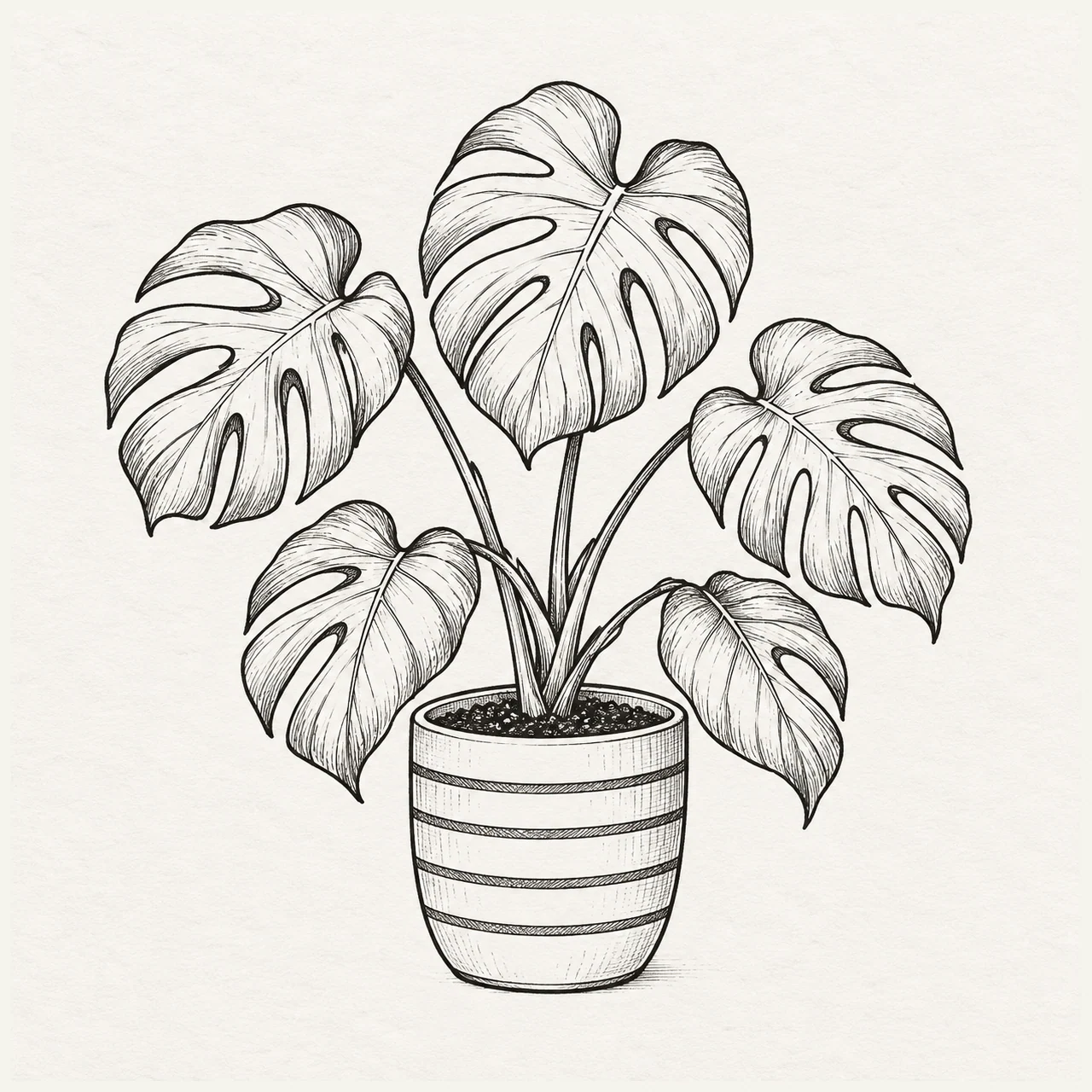 A black fineliner monstera plant with split leaves in a striped ceramic pot.