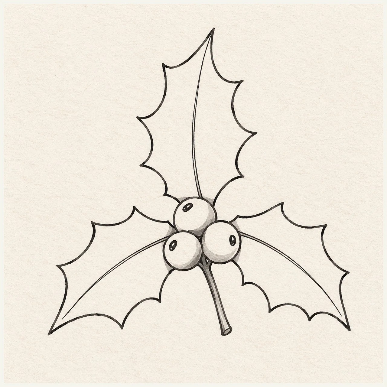 Black and gray marker drawing of three pointed holly leaves around a cluster of three berries on pale textured sketchbook paper.
