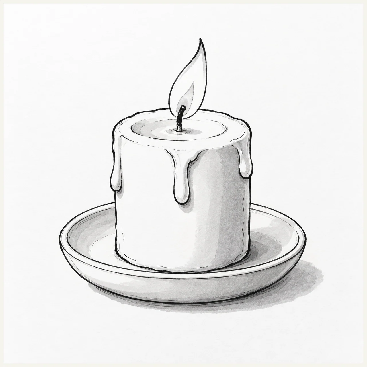 Black and gray marker sketch of a lit pillar candle on a shallow dish, with an oval wax hollow, three broad drips, a wick, and a teardrop flame.