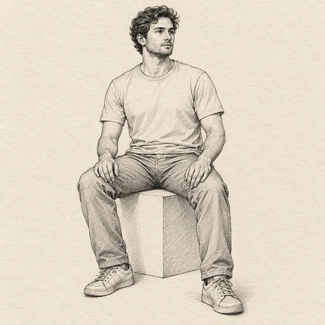 Seated person drawn in black and gray fineliner on pale cream textured sketchbook paper, with a complete silhouette and open margins.