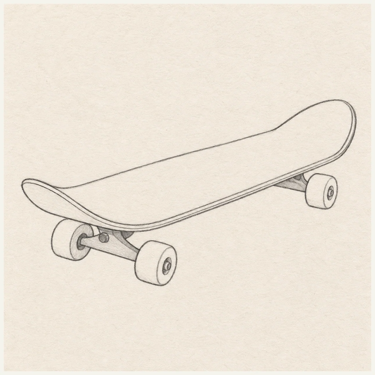 Graphite pencil drawing of a skateboard in three-quarter view with upturned ends, simple trucks and three visible wheels on pale textured sketchbook paper.