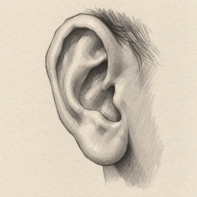 Human ear drawn in black and gray marker on pale cream textured sketchbook paper, with a complete silhouette and open margins.