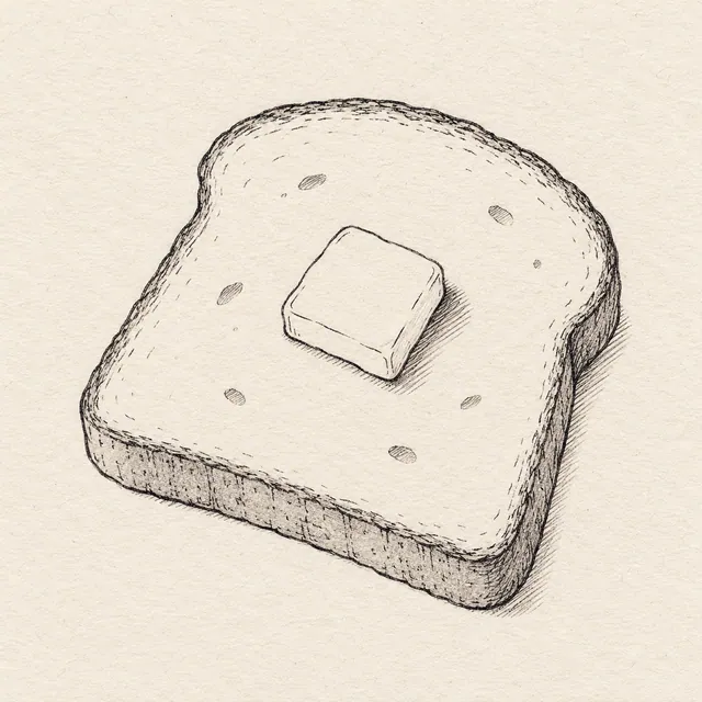 One slice of toast viewed slightly from above with a small square of butter and a clear crust edge. Black and gray fineliner drawing on warm textured sketchbook paper.