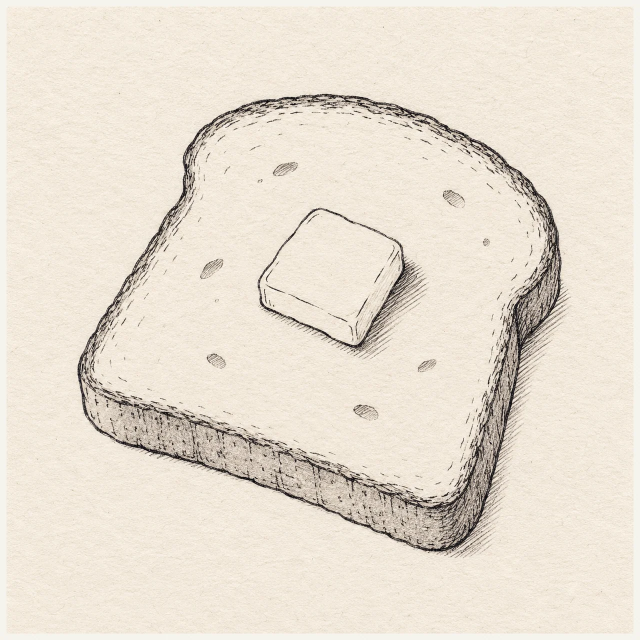 One slice of toast viewed slightly from above with a small square of butter and a clear crust edge. Black and gray fineliner drawing on warm textured sketchbook paper.