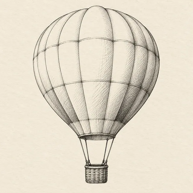 Hot air balloon drawn in black and gray fineliner on pale cream textured sketchbook paper, with a complete silhouette and open margins.