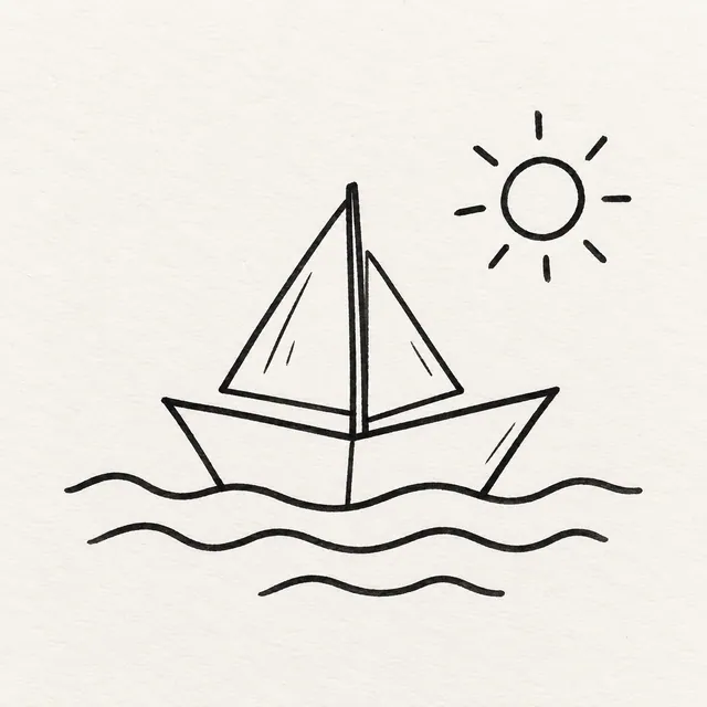 A simple black marker sailboat on wavy water with a small sun above.
