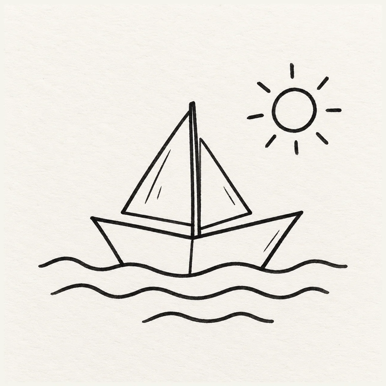 A simple black marker sailboat on wavy water with a small sun above.