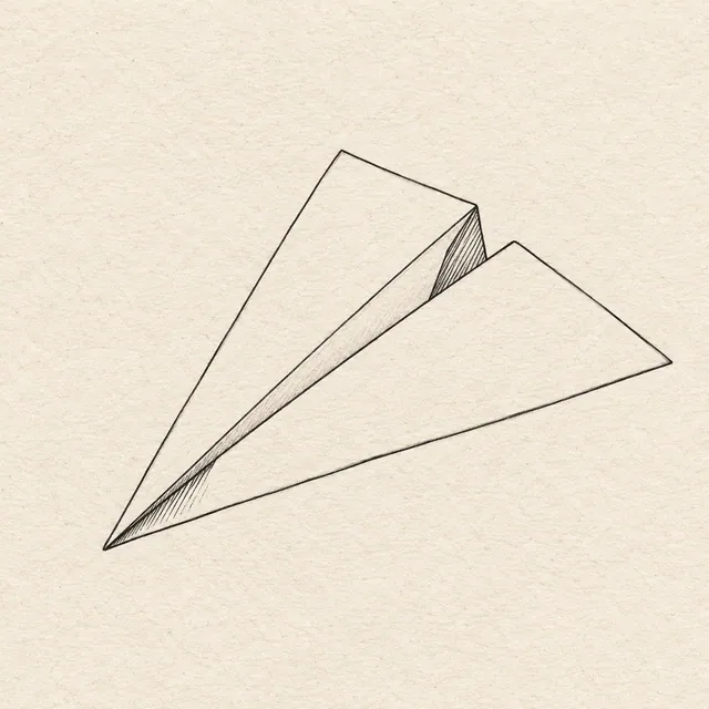Paper airplane drawn in black and gray fineliner on pale cream textured sketchbook paper, with a complete silhouette and open margins.