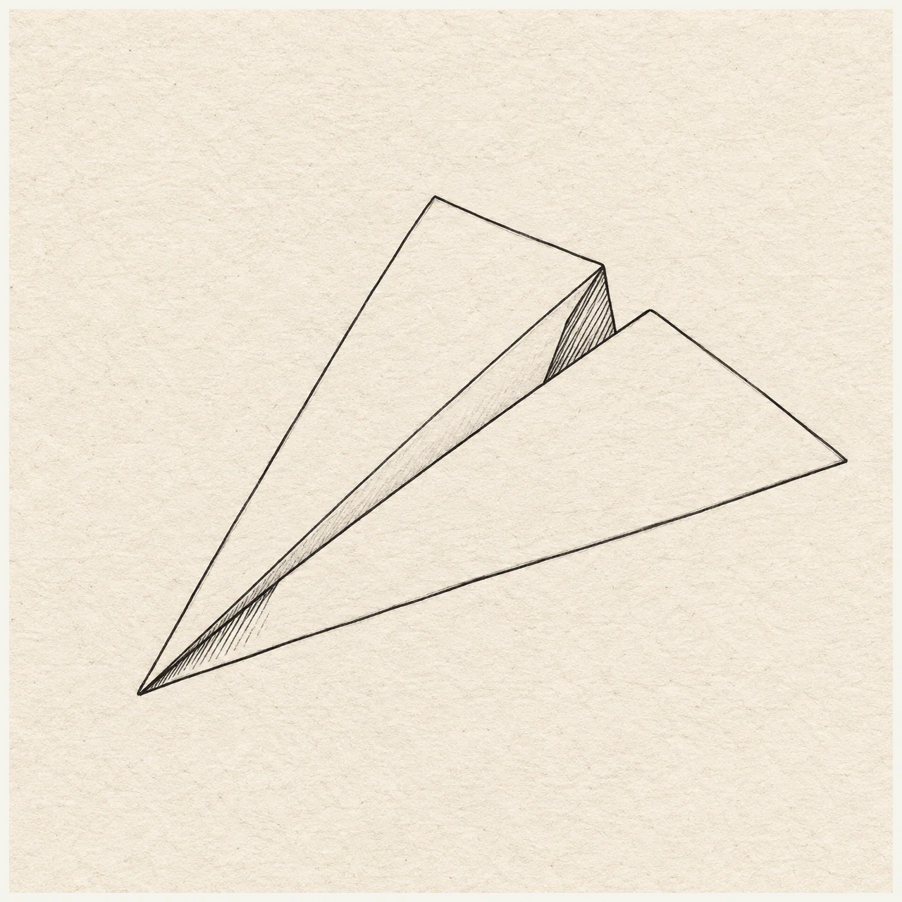 Paper airplane drawn in black and gray fineliner on pale cream textured sketchbook paper, with a complete silhouette and open margins.