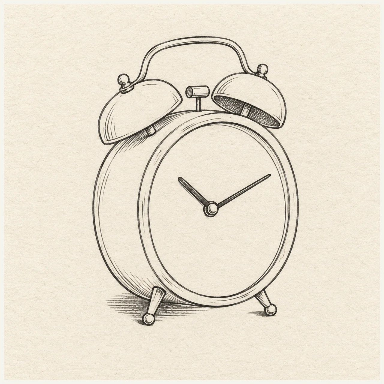 One twin-bell alarm clock in three-quarter view, plain circular face with two hands and no numerals, two bells and two feet. Black and gray fineliner drawing on warm textured sketchbook paper.