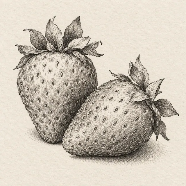 Two whole strawberries, one upright and one tilted, with leaf crowns and sparse selected seed marks. Black and gray fineliner drawing on warm textured sketchbook paper.