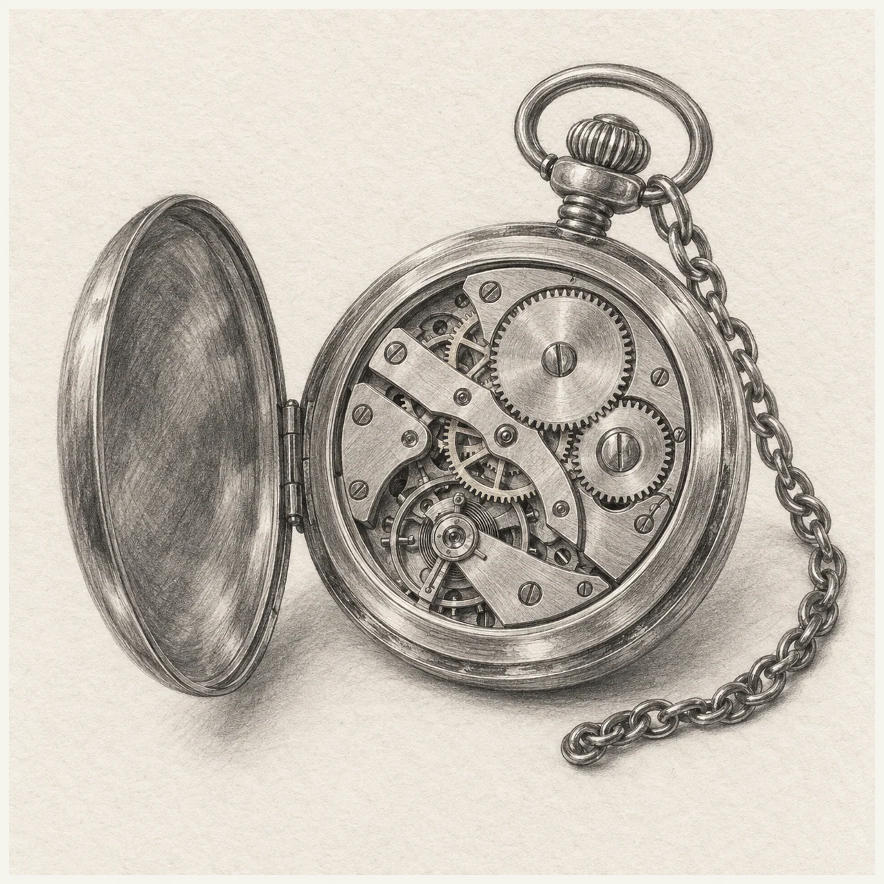 Detailed pencil drawing of an open mechanical pocket watch with exposed gears and a short chain on textured paper.