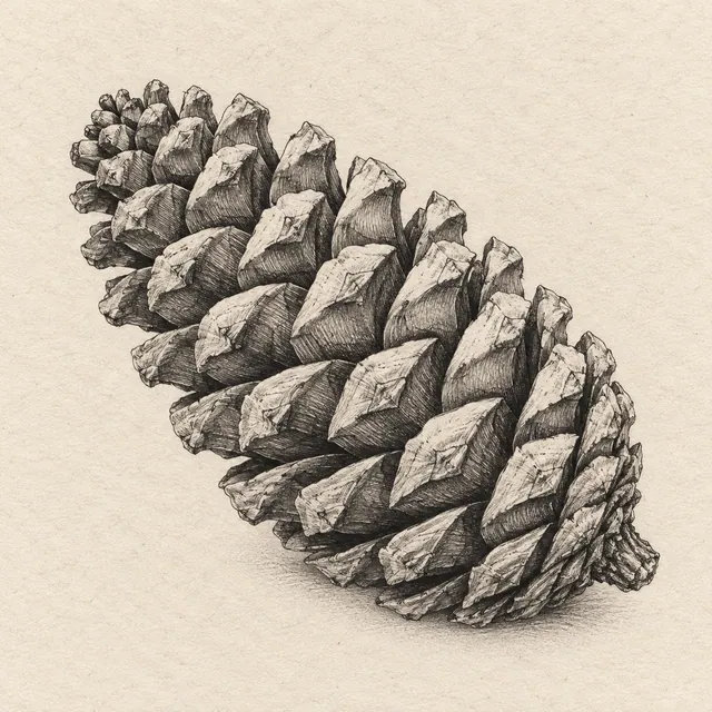 One pinecone lying diagonally, tapered oval mass and overlapping scales following its curved surface. Black and gray fineliner drawing on warm textured sketchbook paper.